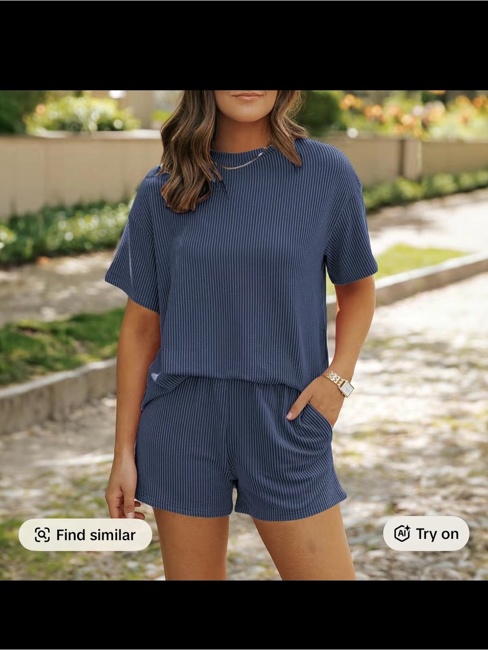 Ribbed Short Sleeve Top & Shorts Set - Slate Navy Blue